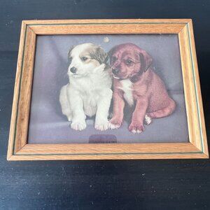 Vintage Wood Framed Print "Looking For Trouble" Puppies Artwork